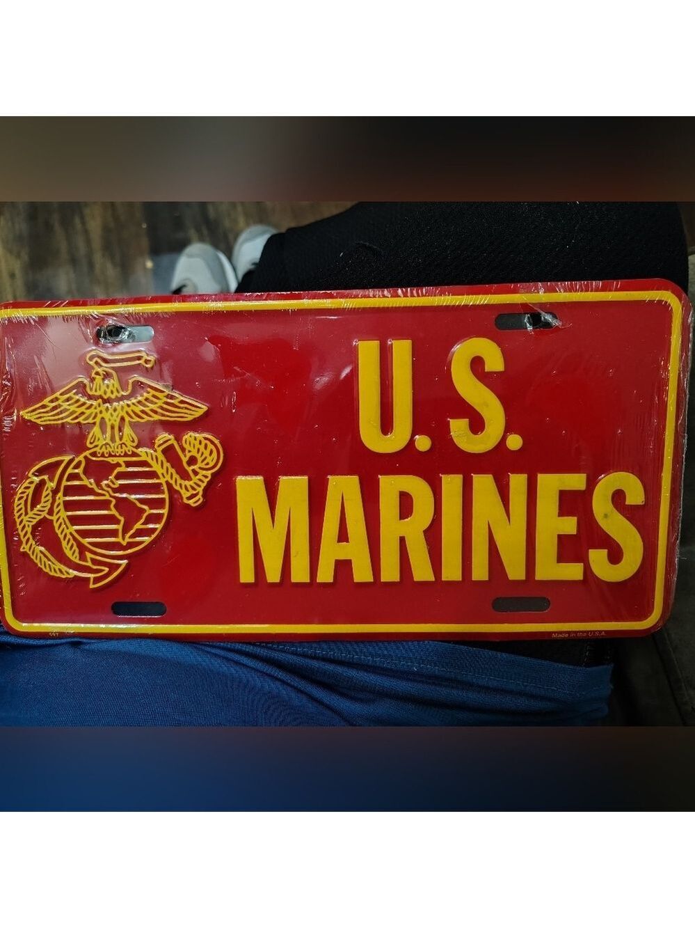 Vintage U.S. Marines USMC Red Licensed Aluminum Metal License Plate